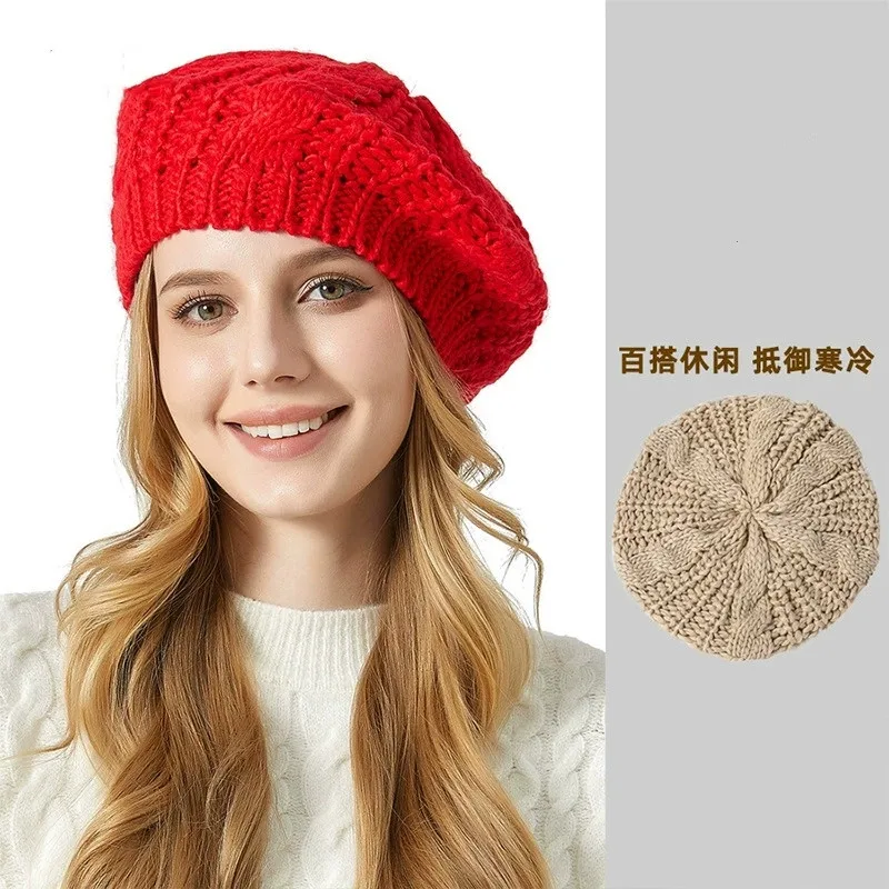 Warm Winter Women Knit Beret Cap French Artist Beret Hats Braided Baggy Wool Beanie Hat Solid Color Slouch Baggy Hat
