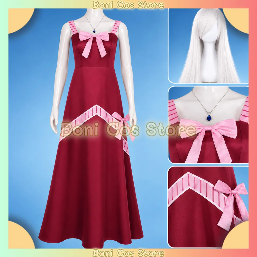 Mirajane Strauss Cosplay Anime Fairyyy Costume Red Long Dress Pink Bow White Wigs Necklace Halloween Christmas Party Stage Show
