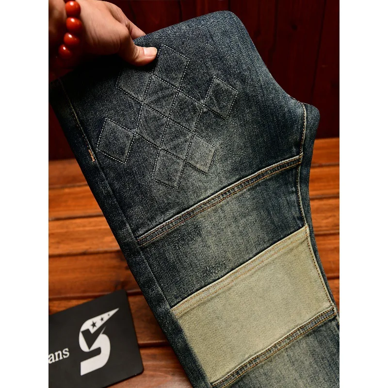 

2025Autumn Fashion Patchwork Design Men's Slim Fit Skinny Casual Embossed Trendy Light Luxury Retro Denim Pants