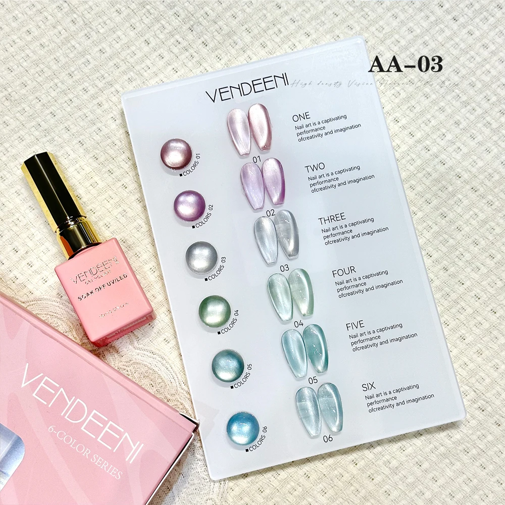 Vendeeni 6 ألوان/مجموعة شفافة كريستال القط العين هلام طلاء الأظافر بريق المغناطيسي مسمار الورنيش مع بطاقة اللون TPO/HEMA الحرة