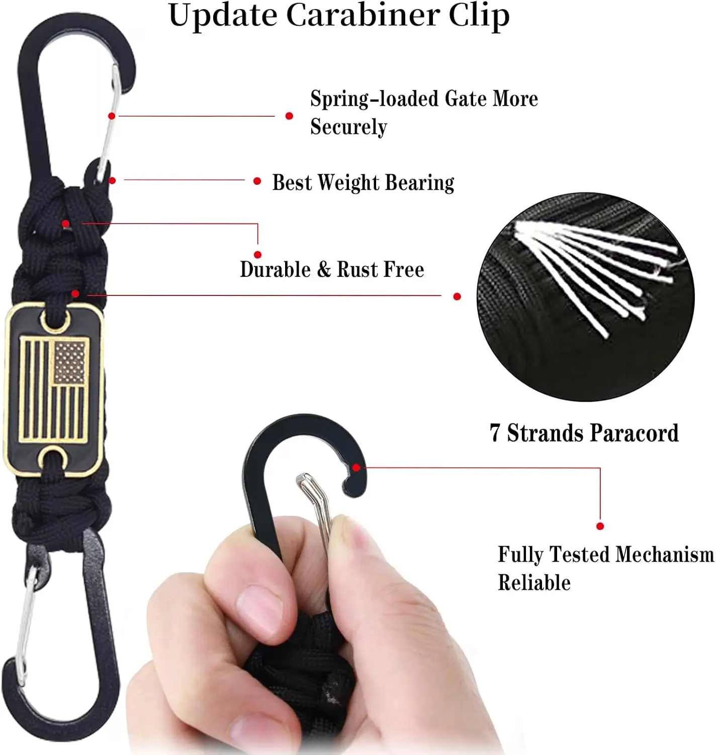 Paracord Keychain with USA Flag Carabiner Key Chain Clip Braided Lanyard Utility Ring Hook for Outdoor Camping Hiking