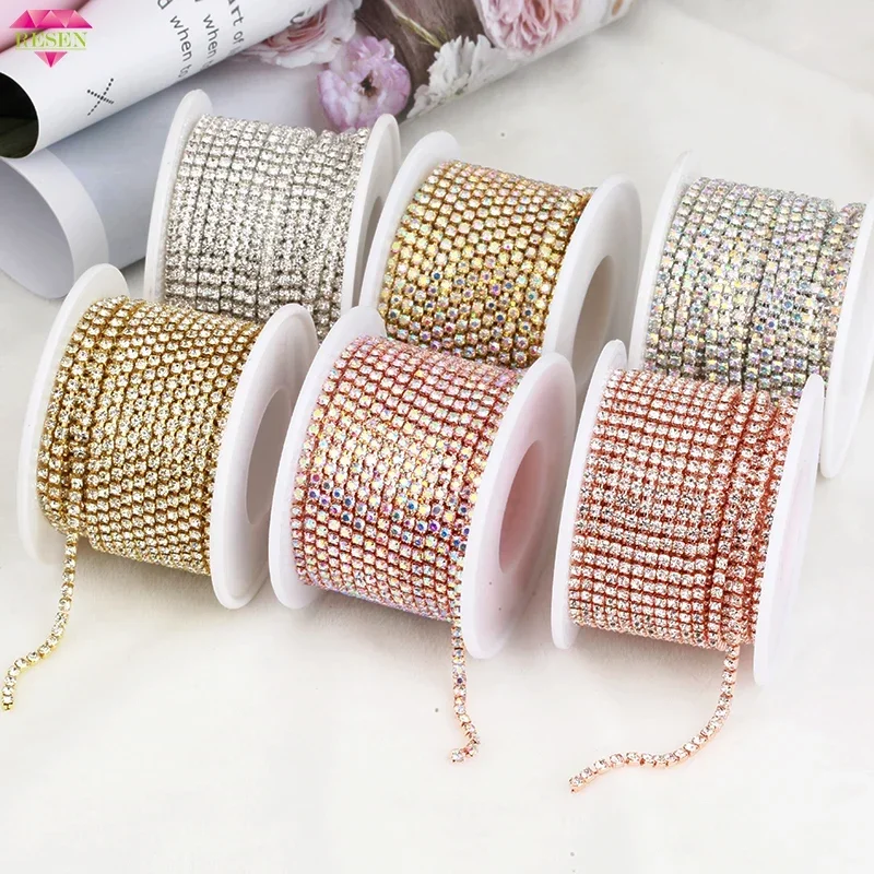 5PCS  SS6-SS18(2mm-4.5mm)Silver/Gold Base Clear Crystal Dense Rhinestone Chain Apparel Sewing Glass Rhinestone Cup Chain Crystal