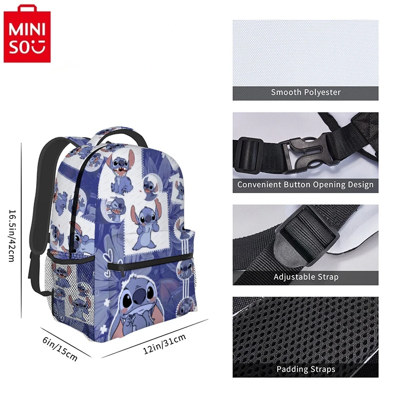 MINISO Stitch Anime Cute Print Student School Bag for Women High Quality and Large Capacity Oxford Textile Storage Backpack