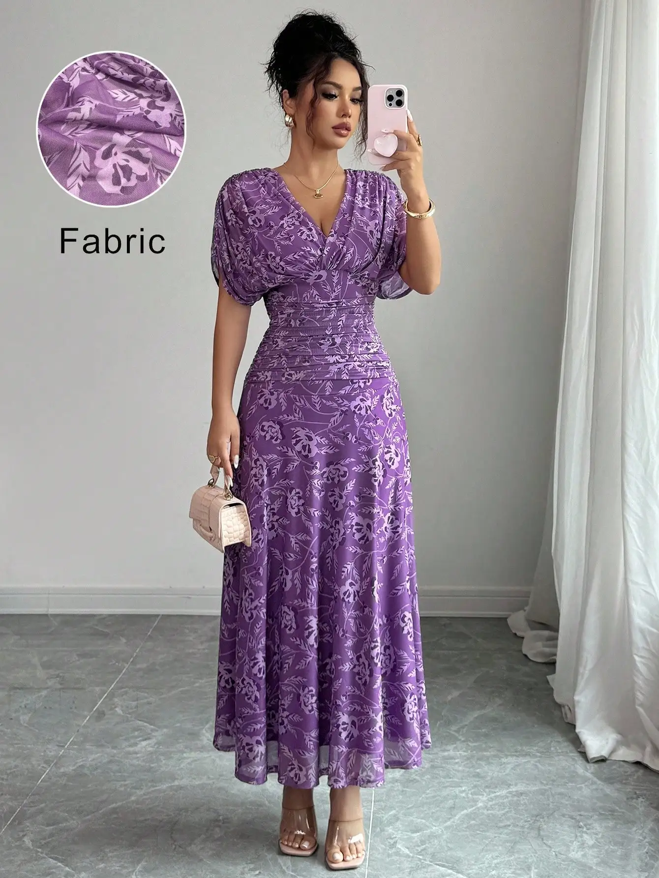 

Женское летнее платье макси с V-образным вырезом, драпировкой на талии, цветочным принтом и пышными рукавами, элегантное платье А-силуэта