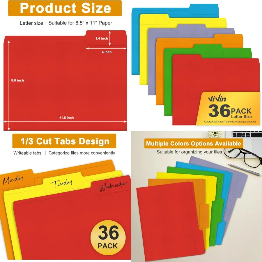 Folder File ViVin Muat Kertas Ukuran Letter 8,5 x 11 dengan Tab 1/3-Cut, 36 Pack, Warna Manilla, Sempurna untuk Rumah dan Kantor