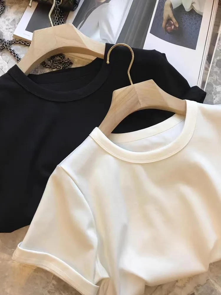 

Минималистичная футболка с коротким рукавом и вырезом на спине, свободного кроя, однотонная, из хлопка, впитывающая пот, стандартный крой, незаменимая вещь для лета