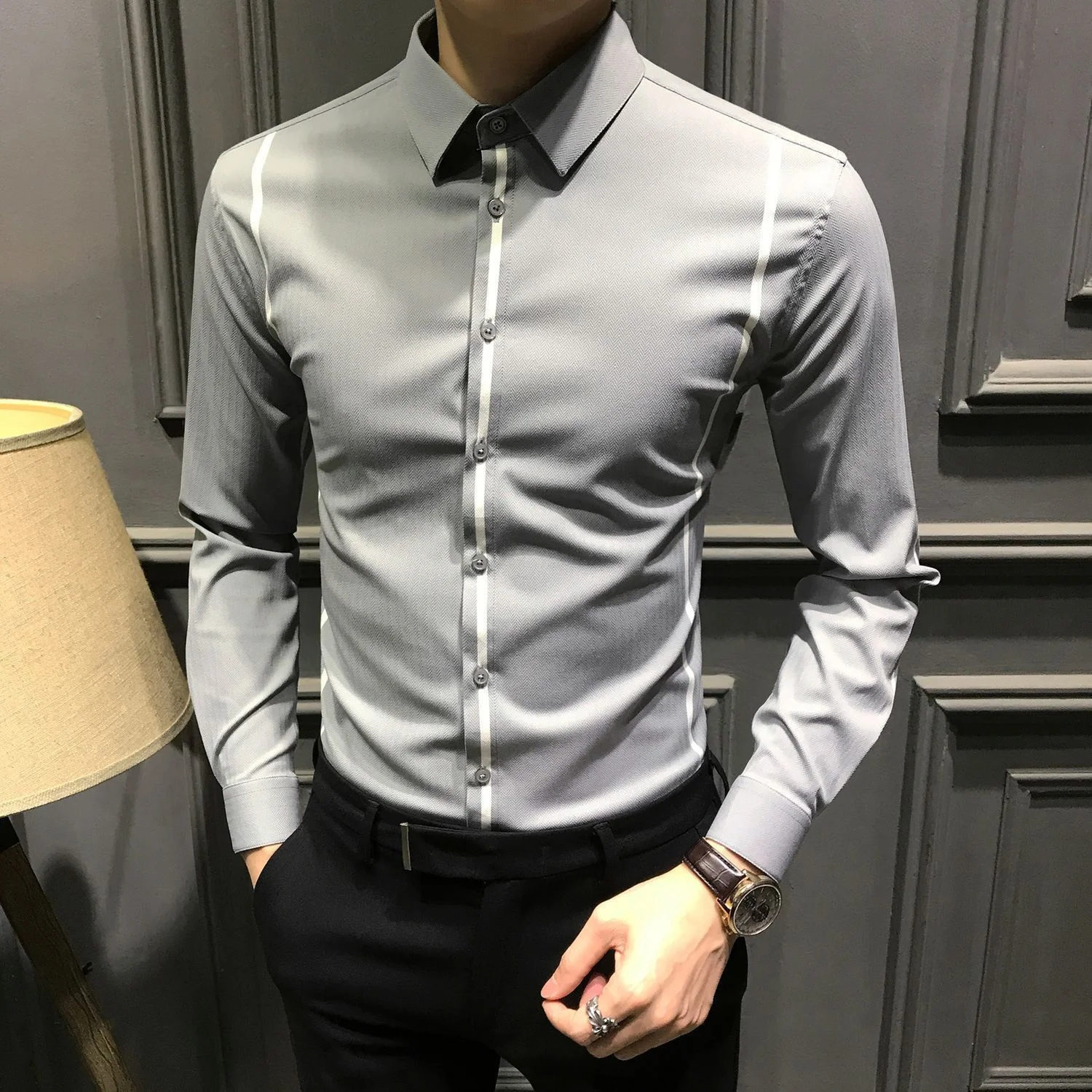 High End Fashion Simple Versatile Spring New Long Sleeve Shirt Men Lapel Collar Button Patchwork Striped Temperament Casual Top