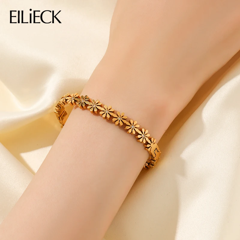 EILIECK 316L Stainless Steel Daisy Flowers Bangle Bracelet For Women New Trendy 18K Gold Plated Waterproof Jewelry Gift Party