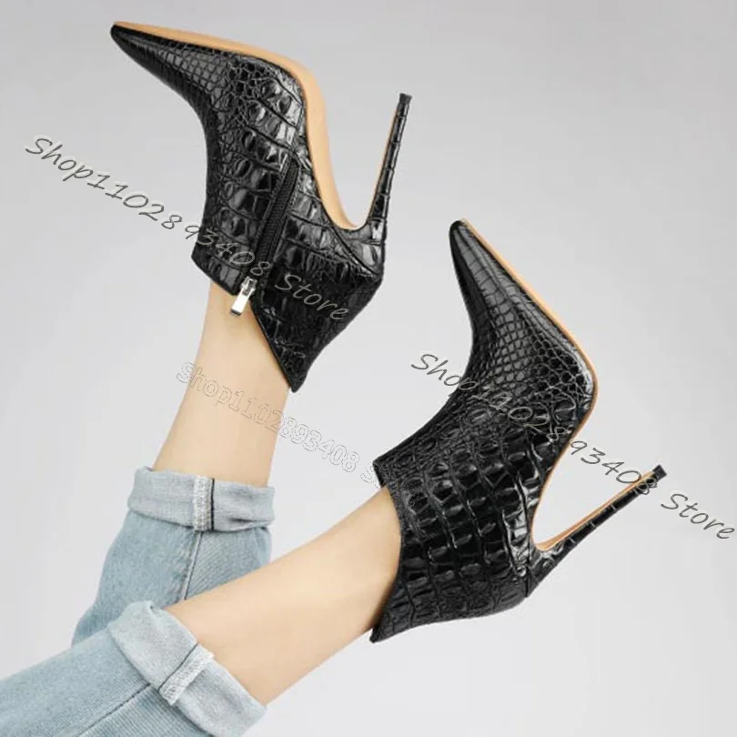 

Black Crocodile Print Ankle Boots Pointed Toe Side Zipper Boots Thin High Heels Shoes Women Autumn Party Shoes Zapatillas Mujer