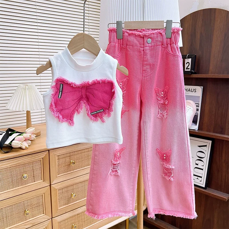 Girls Summer Stylish Ripped Jeans Outfit 4-12 Years Kids Sweet Bow Sleeveless Vest + Butterfly Decal Gradient Pants 2-piece Set