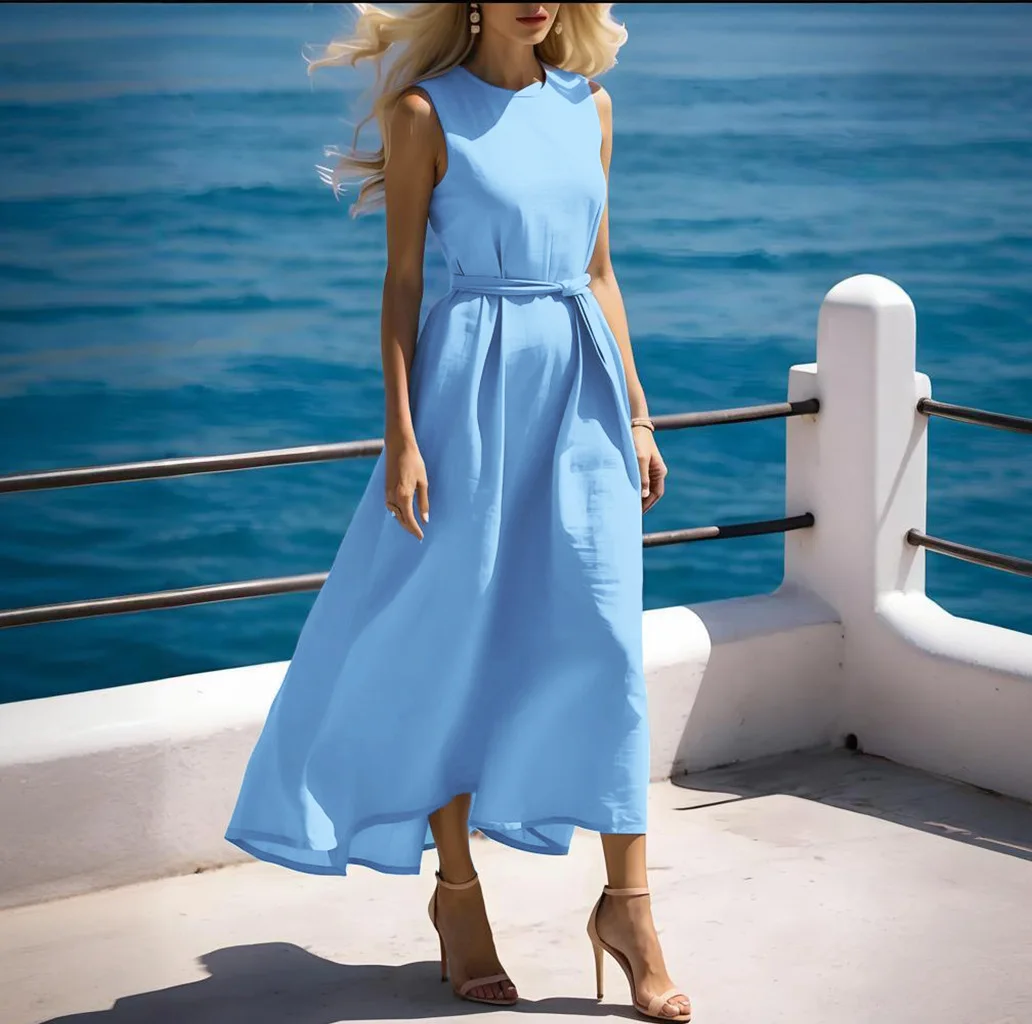 Nova moda casual sem mangas o pescoço cor sólida fino ajuste rendas flare e ajuste vestido de meia panturrilha