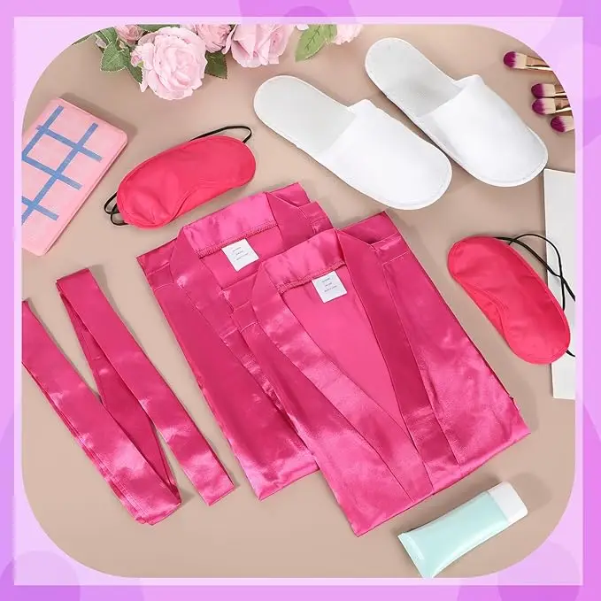 

54pcs Spa Robe Sleepover Party Supplies Satin Bridesmaids Robes Includes 18 Kimono Robe Rose 18 White Hotel Spa Slippers 18 Eye