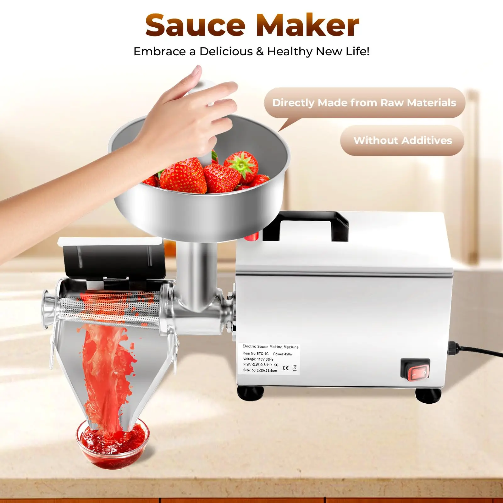 Electric Tomato Strainer Machine, 450W Stainless Steel Commercial Tomato Sauce Maker Machine, Food Strainer and Sauce