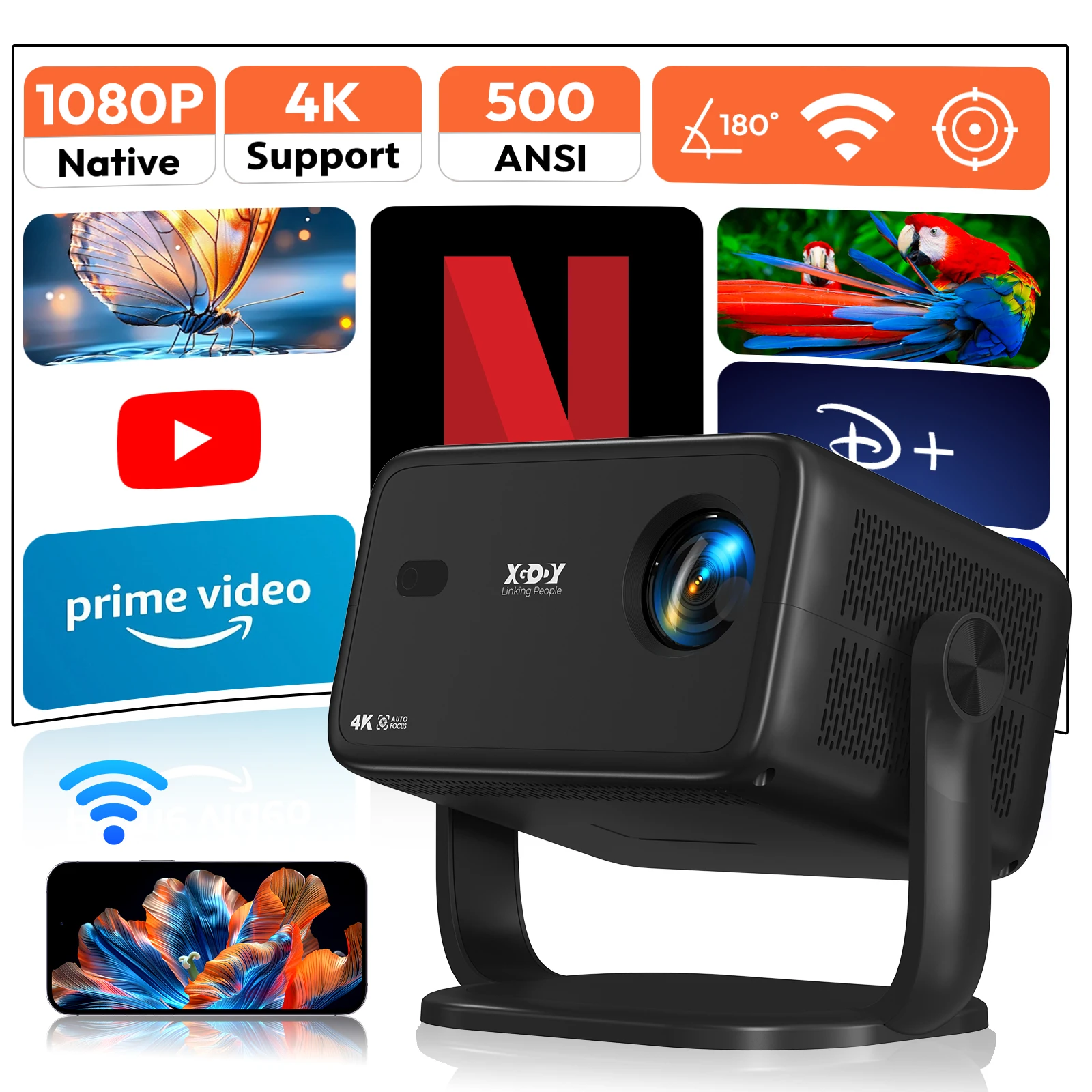 جهاز عرض XGODY 4K أصلي 1080P WiFi6 أندرويد 18000 لومن للتحكم الصوتي AI التركيز التلقائي HD سينما المسرح المنزلي #1