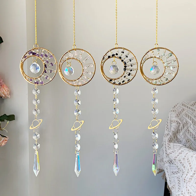 Natural Moon Crystal Suncatcher Ornament With Colorful Prism Pendant For Garden Patio Porch Balcony Window Home Decoration Gift
