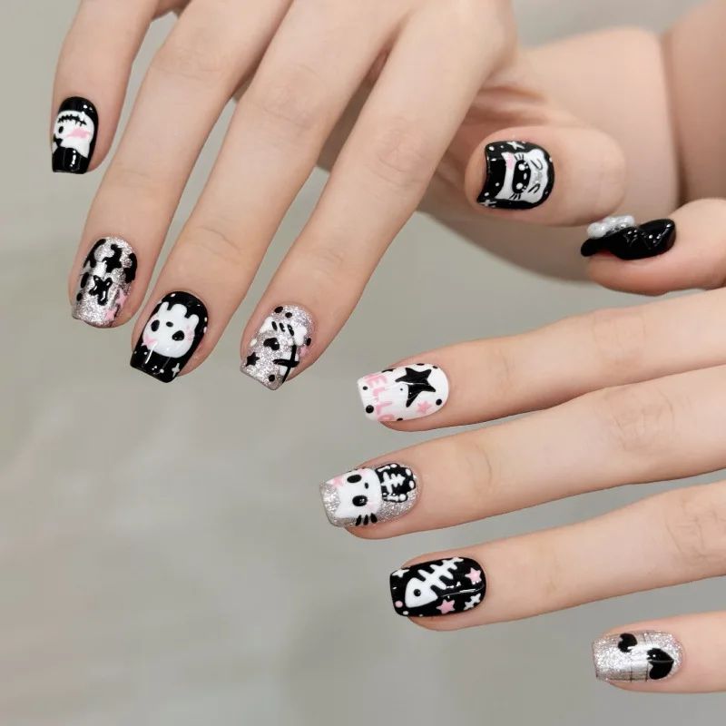 

10pcs Press On Nails Halloween Glitter Personalized And Unique Pumpkin False Nails Handmade Cat's Eye Cartoon Y2K Fake Nail Tips