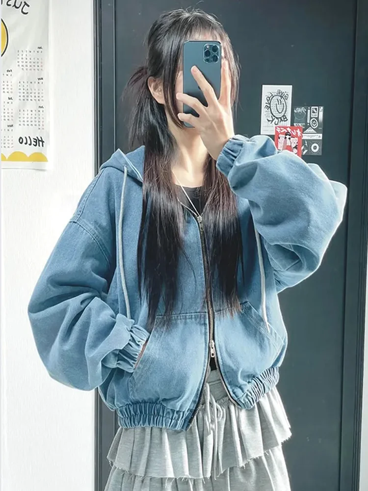 

Джинсовое джинсовое платье в стиле ретро с талией, женское свободное утягивающее пальто с капюшоном на молнии, повседневное хлопковое пальто с защитой от ветра, ort Sve Long