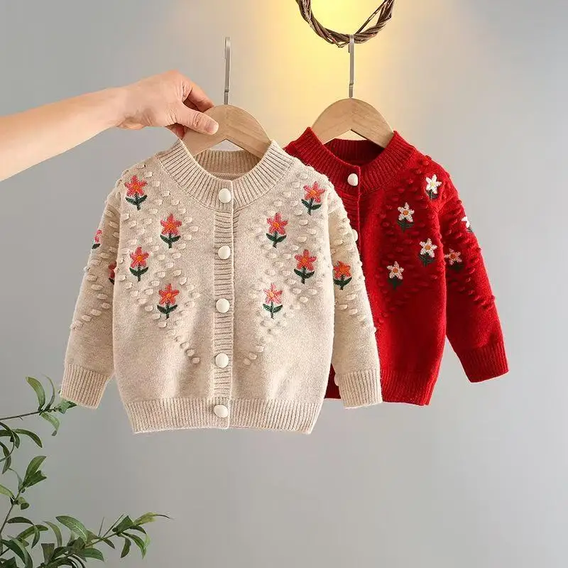 

Kids Spring and Autumn Girls Cardigan Coat Fashion 2025 New Style Children's Thick Warm Embroidered Sweater 80-150cm