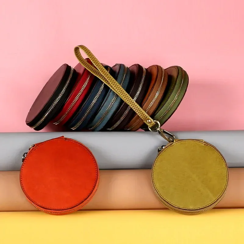 

Retro Round Genuine Leather Coin Purse Pouch Mini Small Women's Wallet Zipper Wristlet Clutch Bag Children Key Holders Handbags