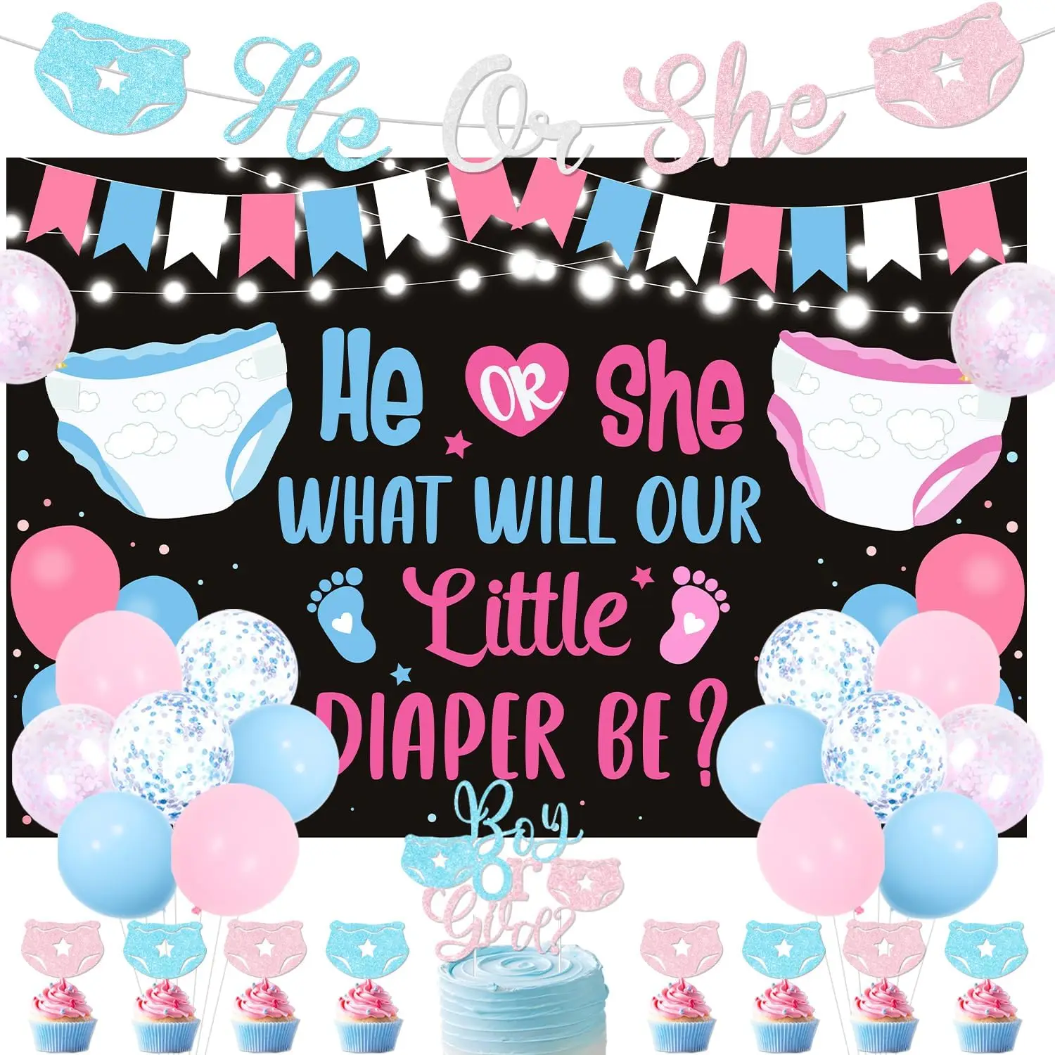 Joymemo Diaper Theme Gender Reveal Party Decor He or She What Will Our Little Diaper Backdrop for Baby Shower Party Supplies