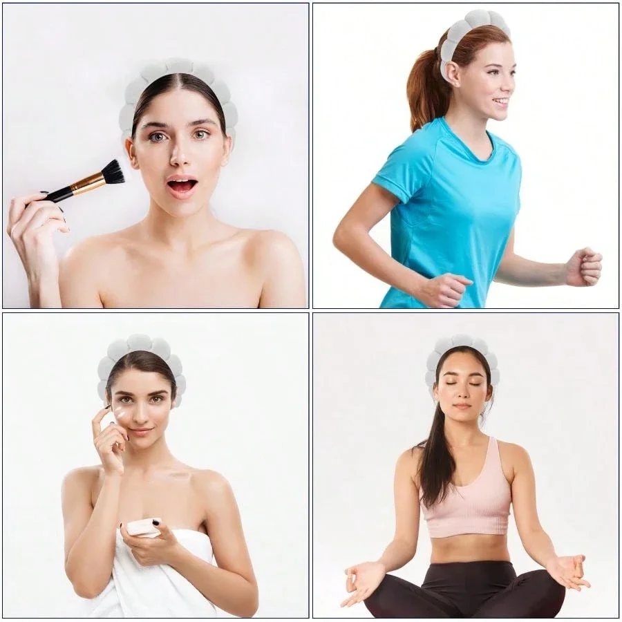 

Spa Headbands For Face Washing Makeup Skincare 4 Pc Set Puffy Terry Cloth Non Slip Hairband For Women