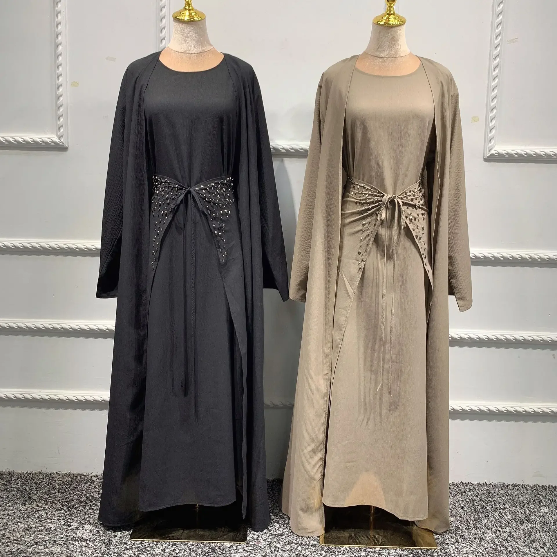 Dubai Turkish Solid Color Dress for Women Muslim Abaya Islamic Clothing Women Ramadan Cardigan Abayas Smocking Lining 2ps Caftan