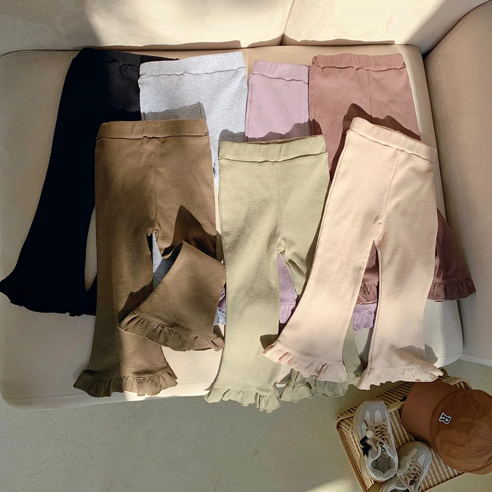 

2024 Children Girls Ruffle Pant Spring Autumn Solid Cotton Korean Teenage Elasticity Outfit Trouser Kids Legging Bootcut Pants