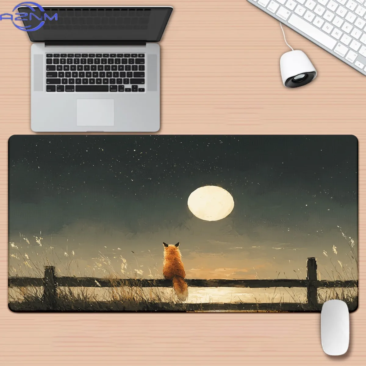 1pc Fox Under Full Moon XXL Gaming Mouse Pad - Non-Slip Rubber Base, Vibrant Starry Night Design with Fox & Moon Art, Durable Of