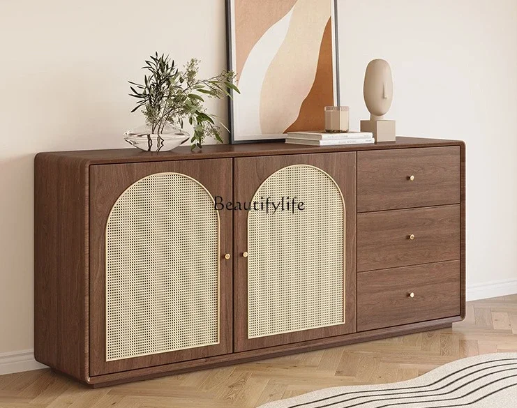 

FG11Rattan Sideboard Cabinet Walnut Color Storage Hallway Modern Minimalist Nordic Storage Tea Cabinet