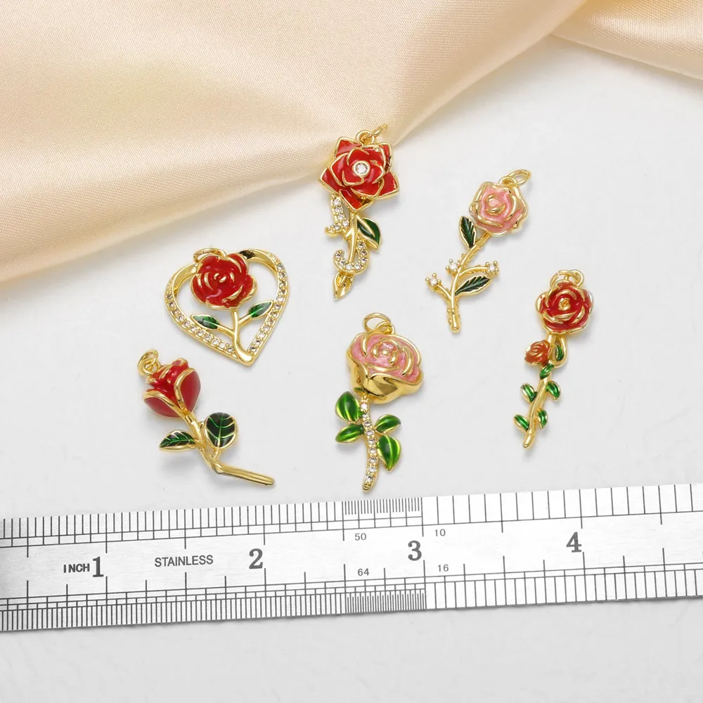 OCESRIO Red Pink Enamel Rose Flower CZ Leaf Necklace Pendant Copper Gold Plated Charm DIY Jewelry Making Supplies pdtc049