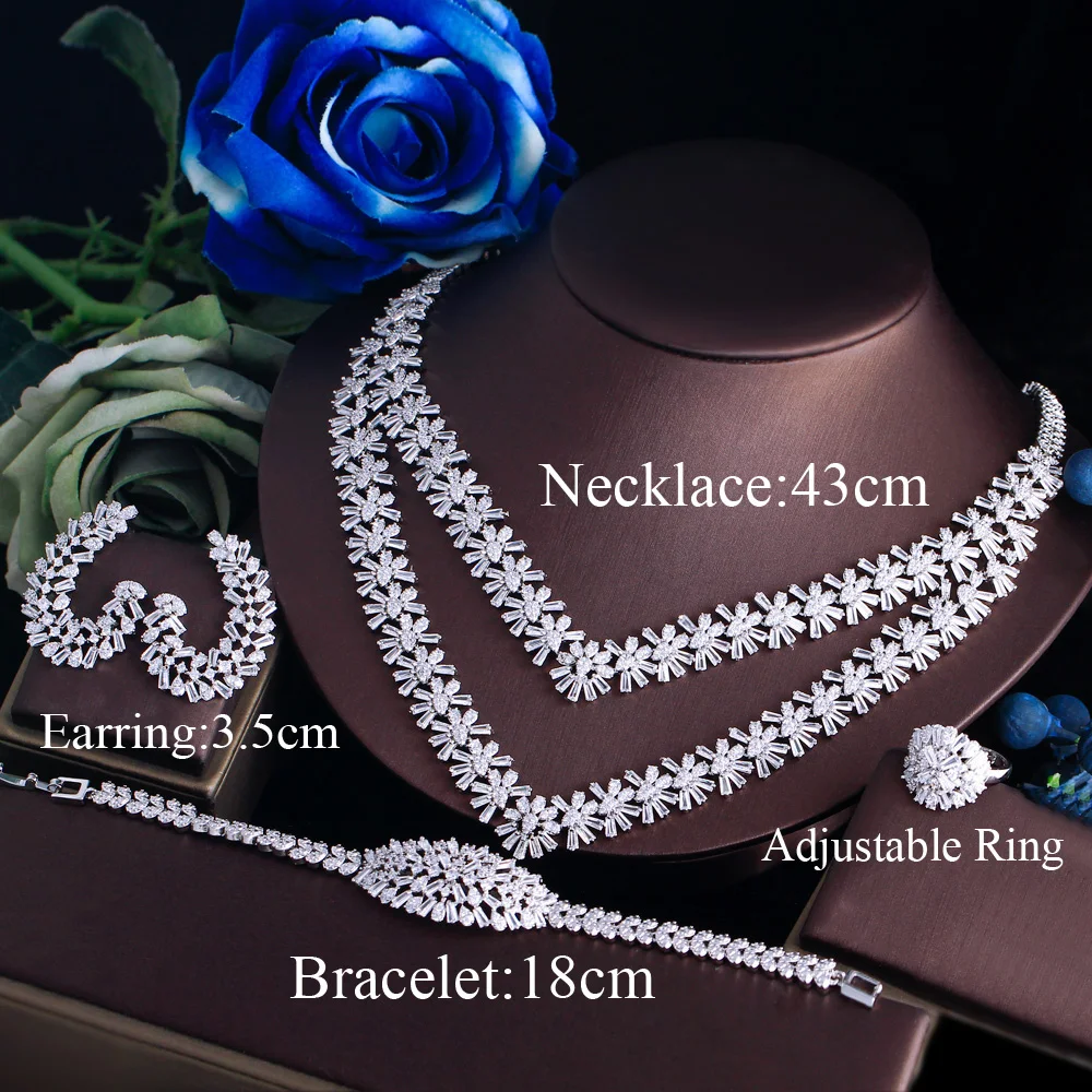 BeaQueen 4PC Brilliant Cubic Zircon Big Necklace 2 Layered Jewelry Set for Women Dubai Saudi Arabia Evening Dress Party JS413