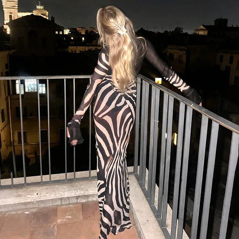 Bangniweigou Strisce alla moda Stampa Color-block Abito sexy in rete a maniche lunghe con scollo a V da donna trasparente da spiaggia