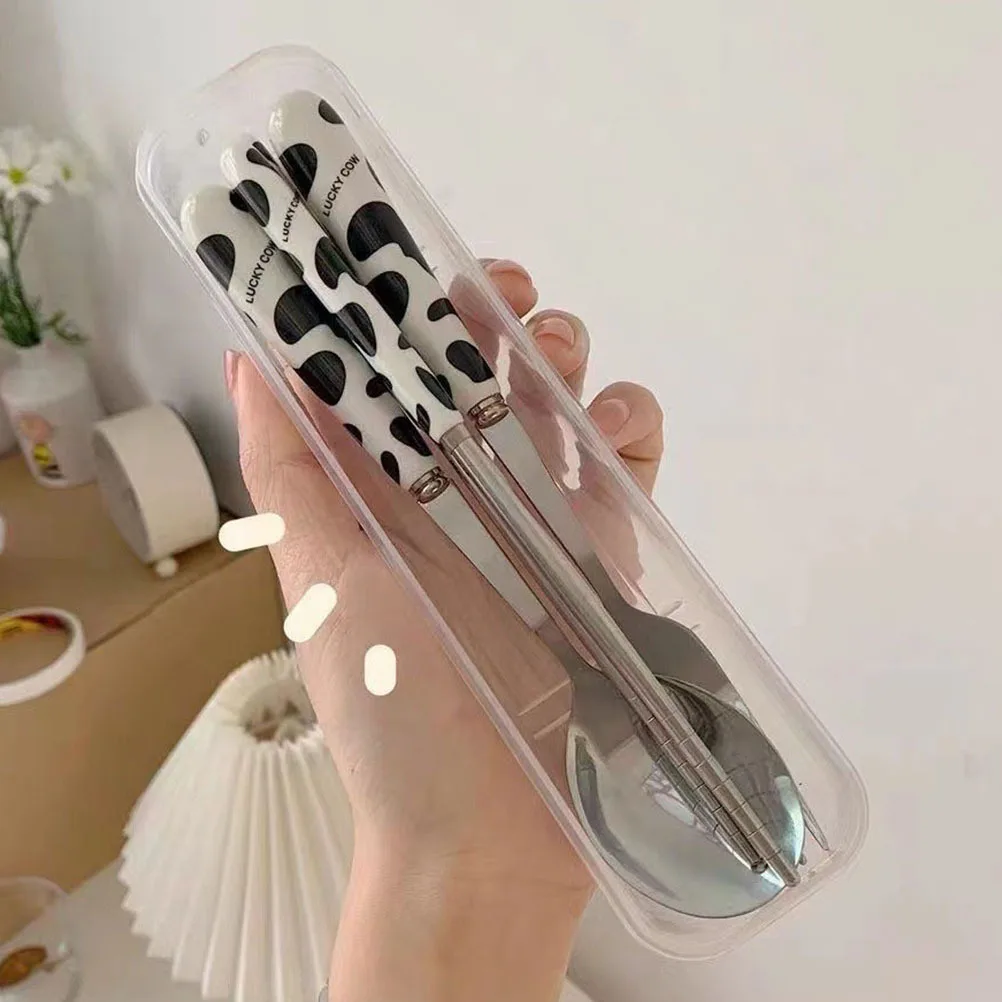

1Set Cartoon Cow Tableware Portable Camping Silverware Set Fork Spoon Chopsticks Travel Utensils Reusable Dishwasher Safe