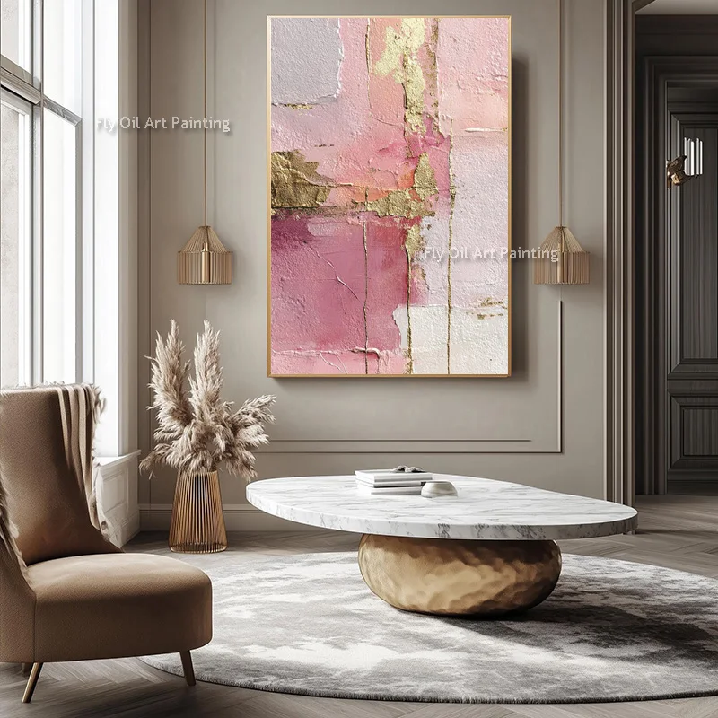 Palette Knife Handmade Blush Pink Block Canvas Art, Cracked Texture Gold Leaf Painting, Feminine Bedroom Wall Decoration