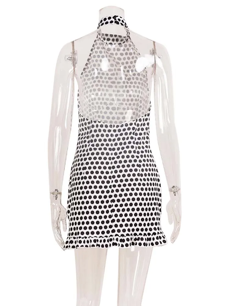 CNYISHE Dot Prints High Collar Sleeveless Halter Hip Wrap Ruffled Hem Fashion Sheath Women Dresses Zipper Female Sexy Club Slim