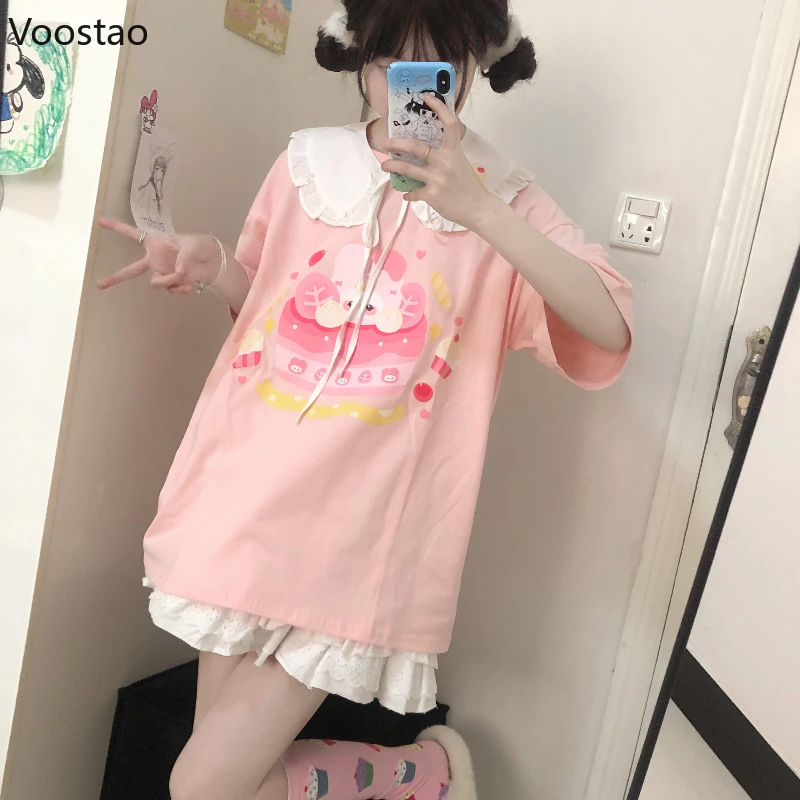 Y2k Aesthetic Summer Lolita T-Shirts Japanese Women Cartoon Print Sweet  Short Sleeve Top Detachable Peter Pan Collar Loose Tees