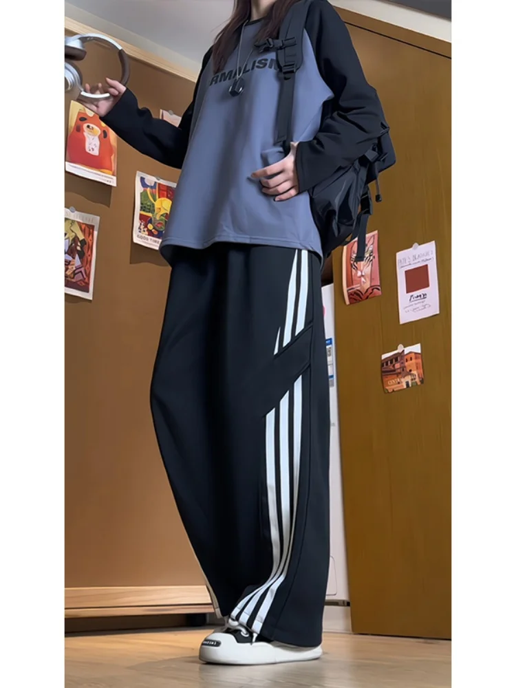 

Мужские спортивные брюки в американском ретро-стиле с боковыми полосками, прямые, широкие, в пол, для весны и осени, повседневные