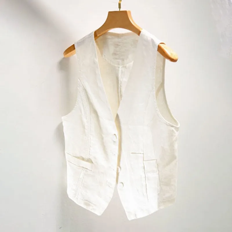 

Office Lady Fashion Women Tank Cotton Linen Simple Casual Summer Vest V-neck Button Thin Fashion Besic Sleeveless Top 2024 new