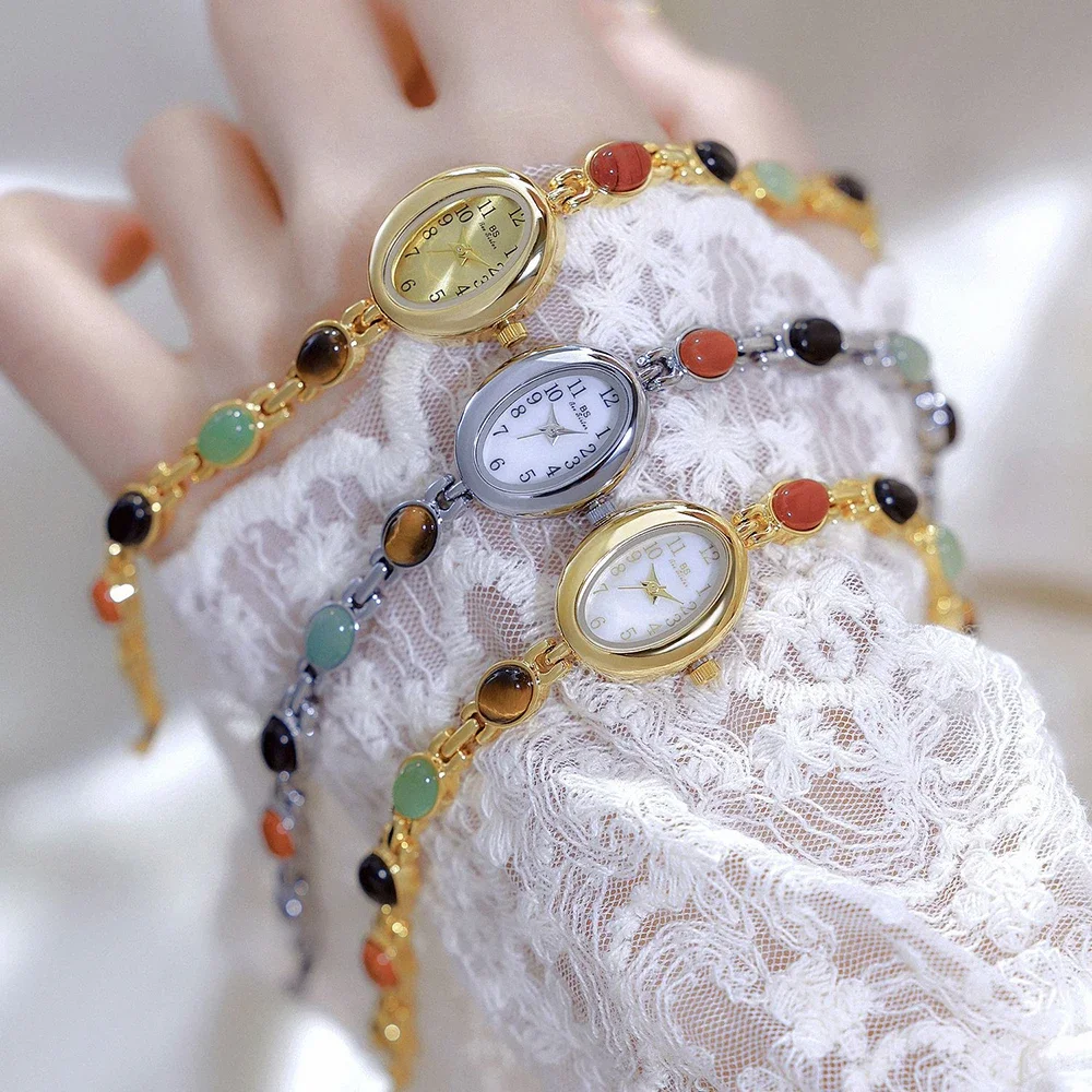 2026 Women's Vintage Natural Colorful Jade Bracelet Watch Luxury Elegant Small Oval Dial Quartz Wristwatch Waterproof Lady Watch