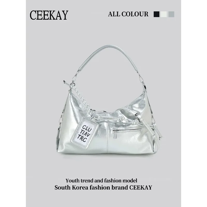 2026 CEEKAY Glossy Leather Hobo Bag Y2K Street Style Shoulder Bag with Letter Tag Trendy Handbag for Women Letter Tag Handbag