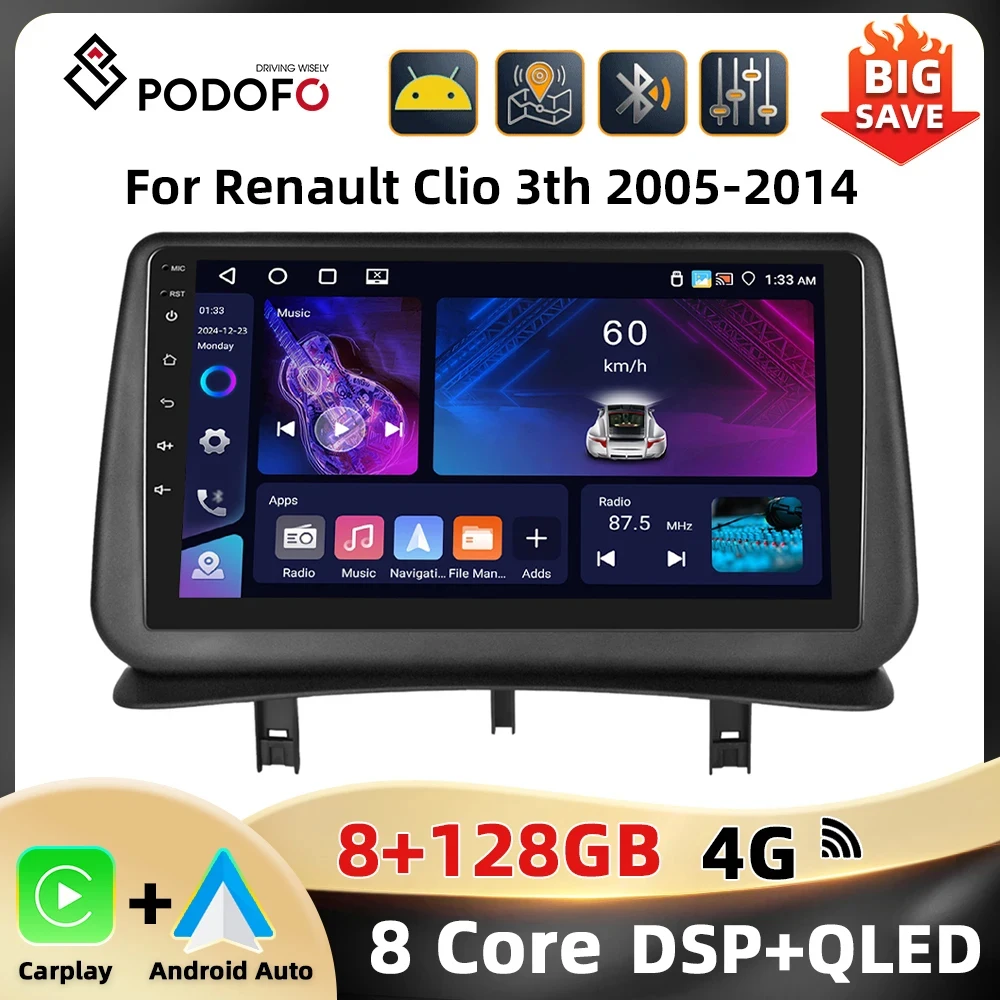 PodoNuremberg-Autoradio 9 ", Android, 8 cœurs, FM, Bluetooth, Carplay, WiFi, 4G, lecteur audio stéréo pour voiture Renault Clio 3rd (2005-2014)