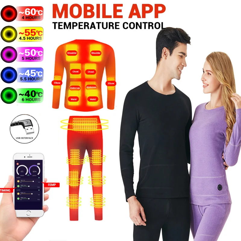 Winter Heating Underwear Suit APP Smart Control Temperature Fleece Lined USB Men Women Thermal Tops Pants acket Suit