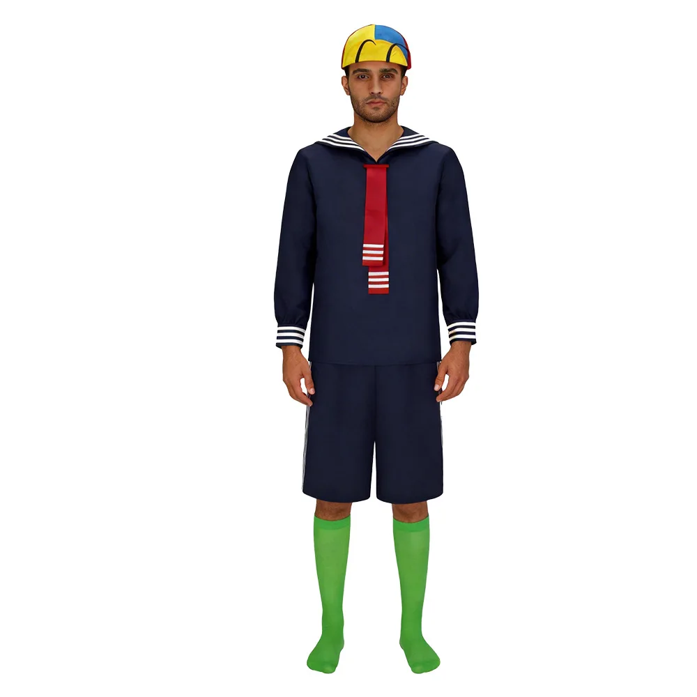 En Stock: Disfraz de Cosplay de El Chavo del Ocho "Quico" - Camisa Clásica a Rayas Azul Marino para Halloween y Actuaciones Escénicas
