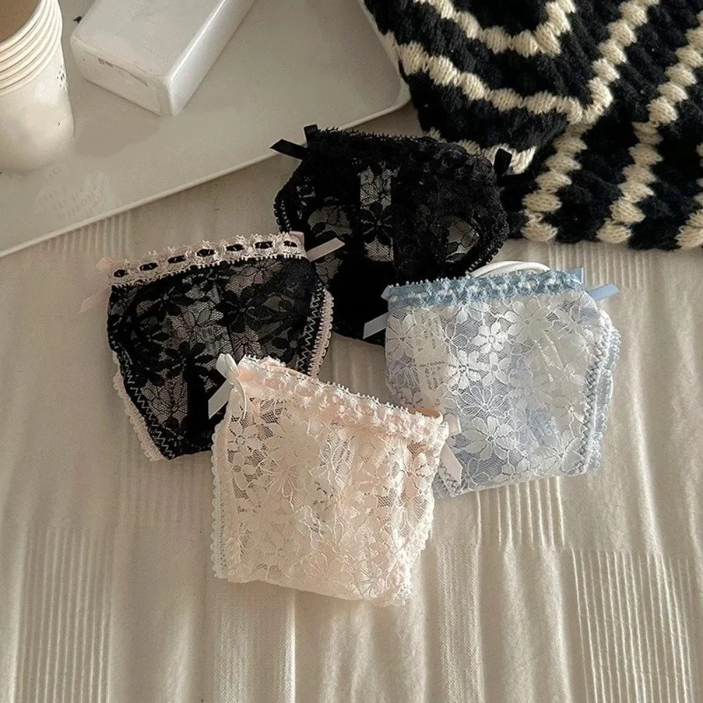 

Fashion Thin Strap Flower Lace Thong Bow Panties Transparent Underwear for Women Low Waist Seamless Mesh Lace Briefs Lady