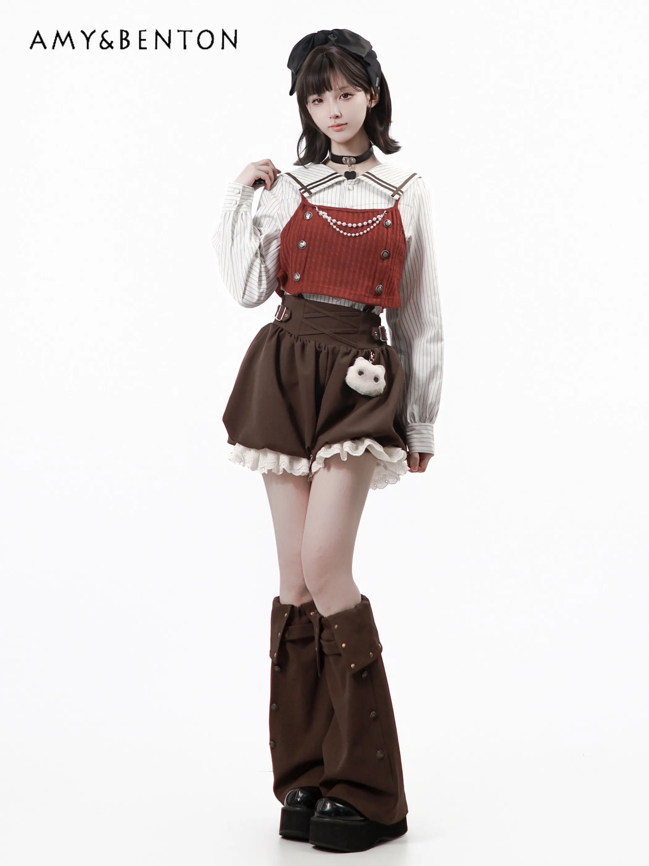 

Pinksavior Original Sweet Cool Girl Bud Pants Skirt Striped Hooded Short Shirt Sets Spring New Japanese Retro Goth Style Outfit