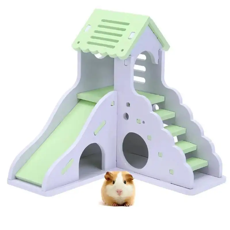 DIY Wooden Hamster House Colorful Mini Castle Villa With Double Stairs Small Pet Hideout Toy For Hamsters Gerbils Mice