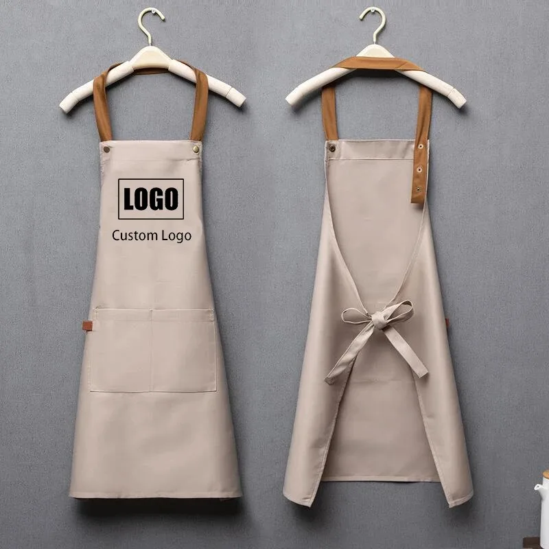 

Customized Embroidery Print Logo Signature Waterproof Kitchen Home Chef Baking Clothes With Pockets Adult Bib Waist Bag Aprons