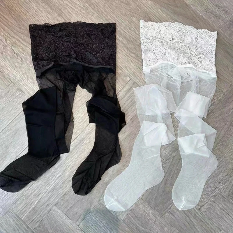 2026 Summer 0.01D Super Thin Breathable Pantyhose Women Sexy Oil Shiny Lace Waist Seamless Crotch Tights Transparent Lingerie
