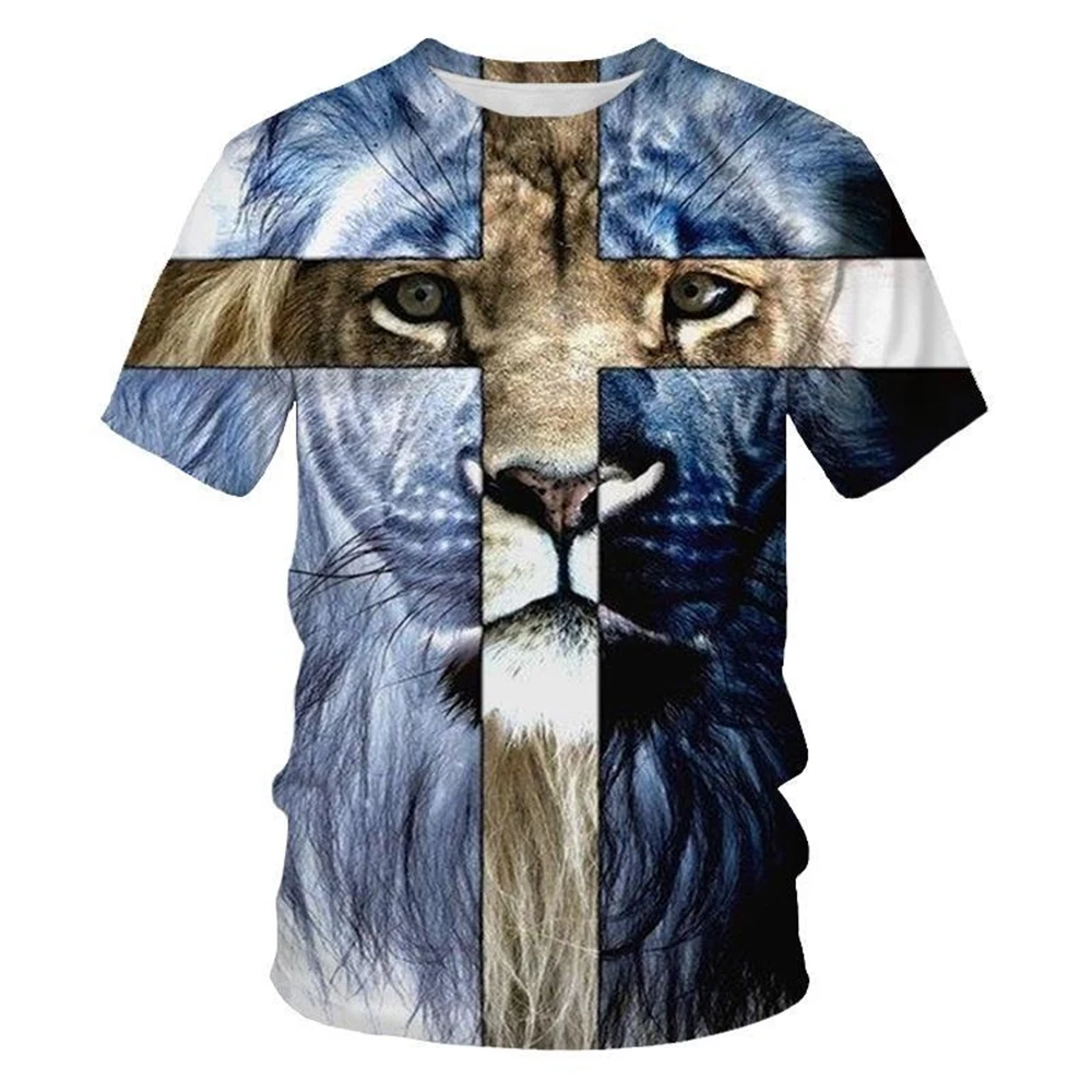Summer Fashion Creative Design Cross Lion 3Dprint Quick-dry Breathable Personalized Christian Art Men Tshirt Outdoor Family Wear