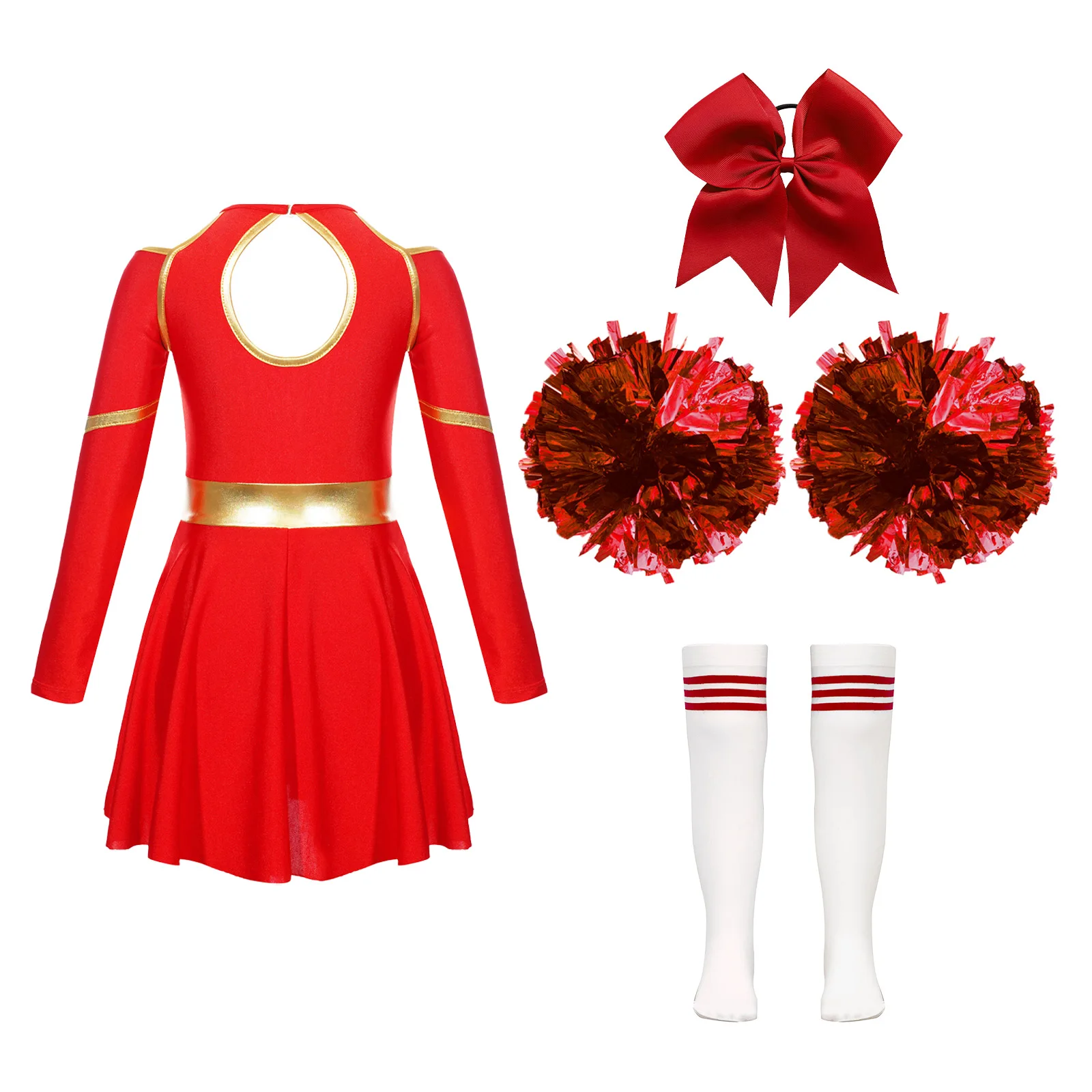 Kids Girls Cheerleading Costume Outfit High School Dress Up Party Costume Long Sleeve Cheerleader Dress Set Fancy Dress Uniform